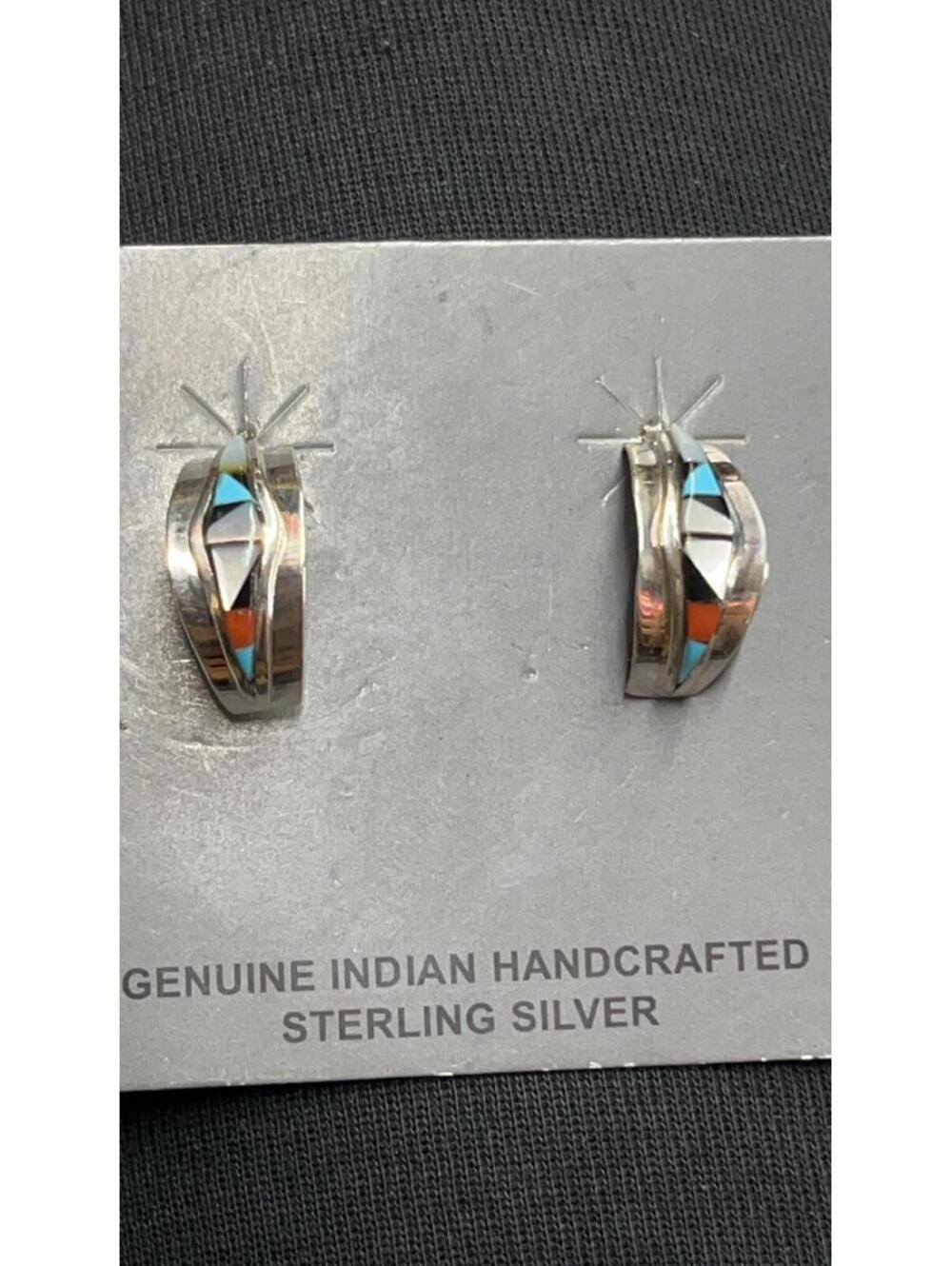 Zuni sterling silver inlay multi stone turquoise earrings -Clinton Malani